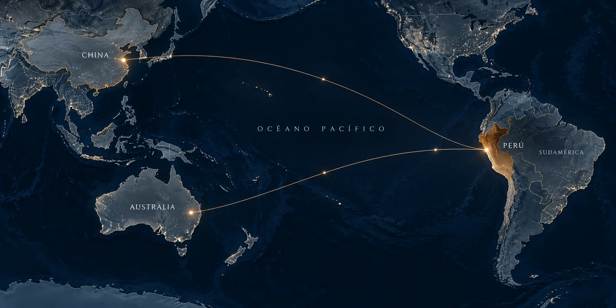 Illustration of the Pacific Rim: Peru highlighted in copper, connected with China and Australia.